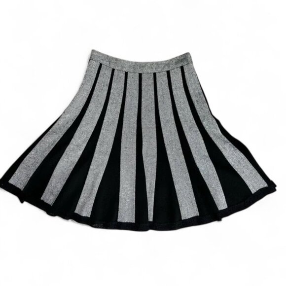 Vintage Black & Gray Striped High-Waisted A-Line Skirt with Lace Trim Size Small - Picture 1 of 13